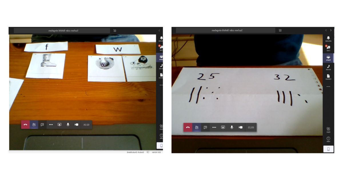 Abbildung 1 und 2: Über Videotelefonie werden Übungen zur Differenzierung ähnlich klingender Laute (links) oder zum Erfassen von Zahlbildern (rechts) visuell unterstützt.