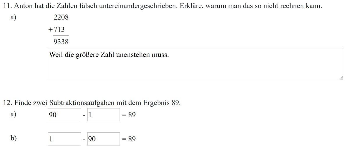 zwei offene Aufgaben zu Addition und Subtraktion